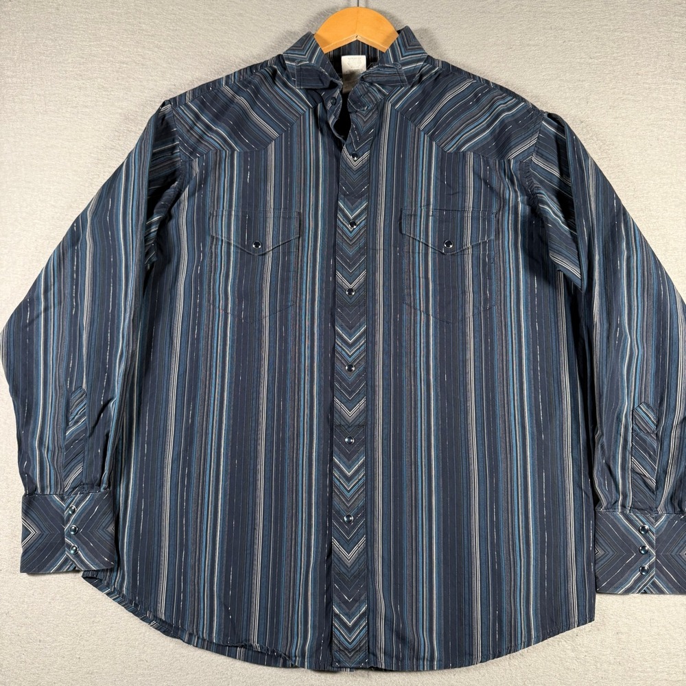 Wrangler Mens Western Pearl Snap Shirt Navy Blue Striped Metallic 75817BL Large